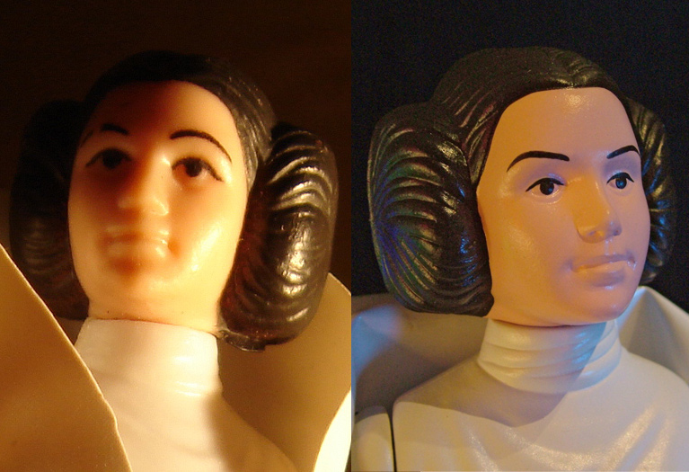 Comparing faces of Kenner's 1978 4" Leia (left) and the Gentle Giant 12" counterpart.